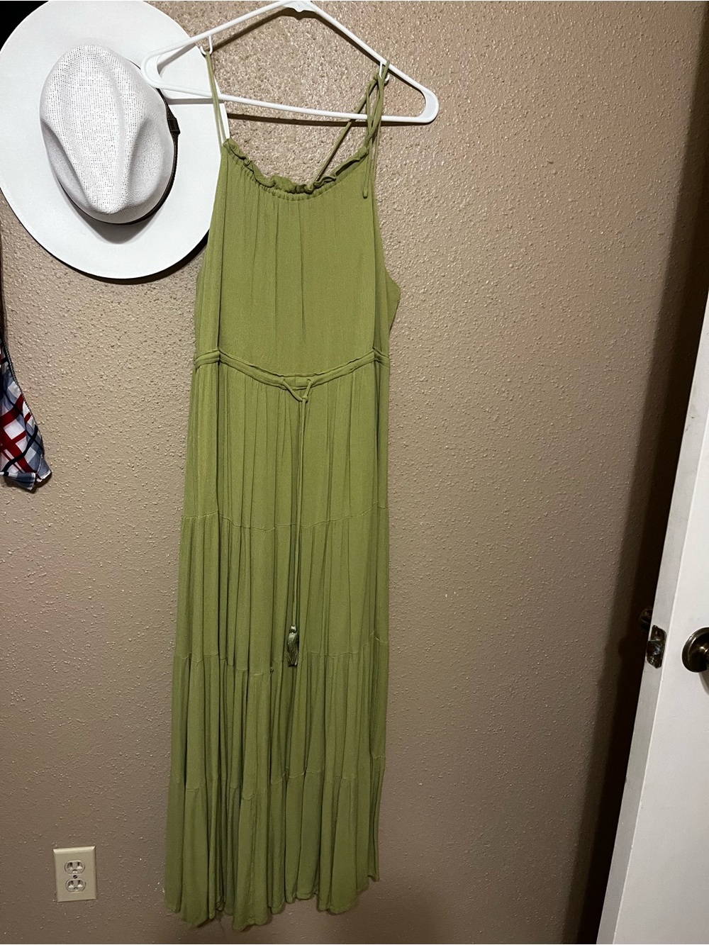 Newbury Kustom Olive Green Tiered Maxi Dress with Tie